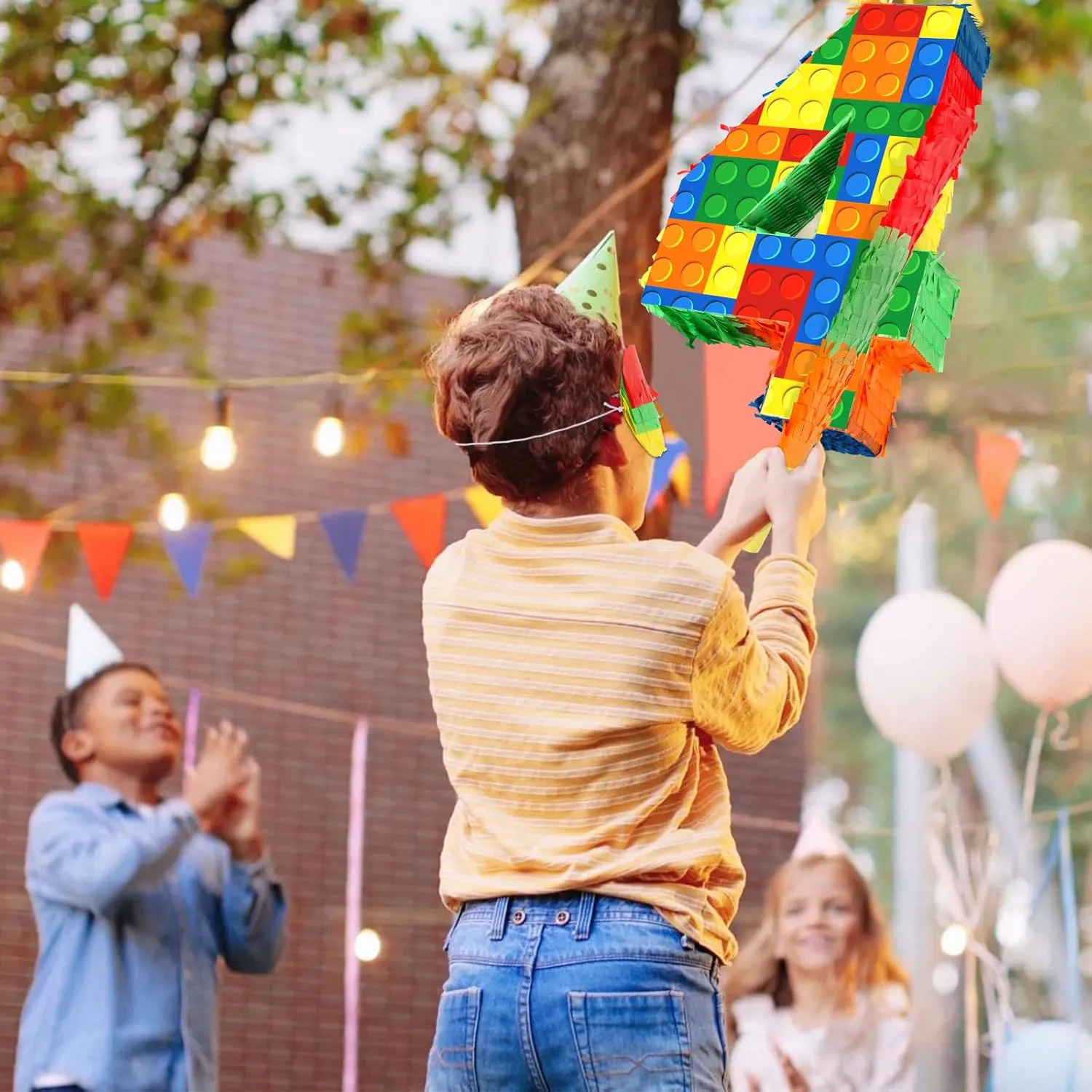 Number 4 Building Blocks Piñata, Pinata Decor Girls Boys Blocks Theme Fiesta Carnival Games with Stick & Blindfold for 4th Birthday Party Supplies Anniversary Celebration (Number 4)