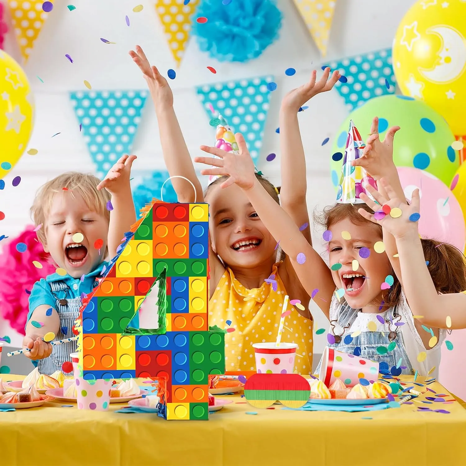 Number 4 Building Blocks Piñata, Pinata Decor Girls Boys Blocks Theme Fiesta Carnival Games with Stick & Blindfold for 4th Birthday Party Supplies Anniversary Celebration (Number 4)