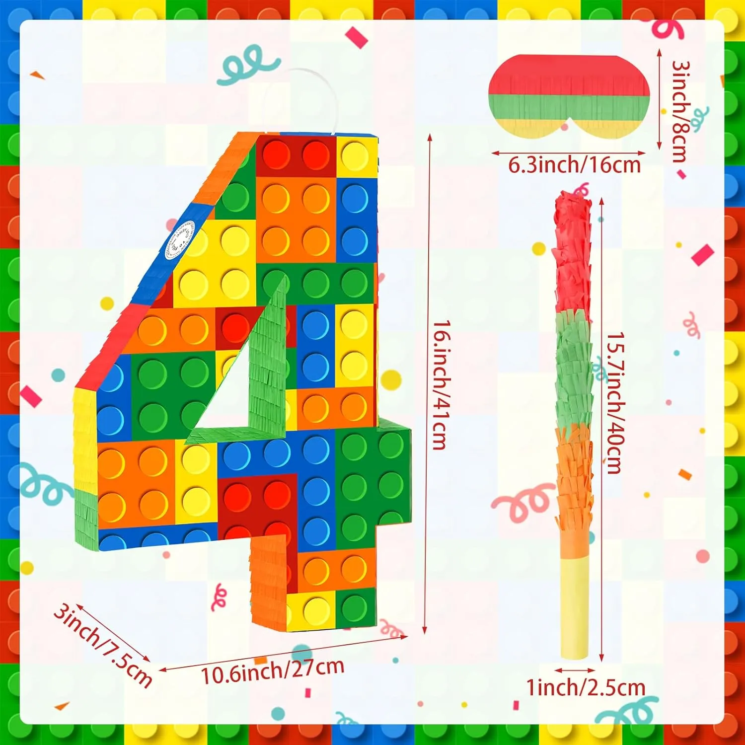 Number 4 Building Blocks Piñata, Pinata Decor Girls Boys Blocks Theme Fiesta Carnival Games with Stick & Blindfold for 4th Birthday Party Supplies Anniversary Celebration (Number 4)