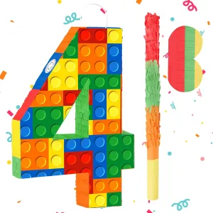 Number 4 Building Blocks Piñata, Pinata Decor Girls Boys Blocks Theme Fiesta Carnival Games with Stick & Blindfold for 4th Birthday Party Supplies Anniversary Celebration (Number 4)