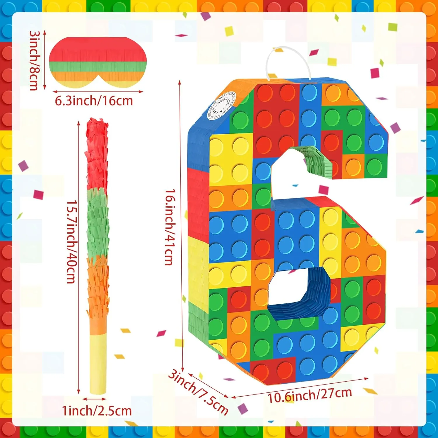 Number Building Blocks Decor for Pinata Birthday Party Supplies, Girls Boys Fiesta Carnival Games with Stick & Blindfold (Number 6)