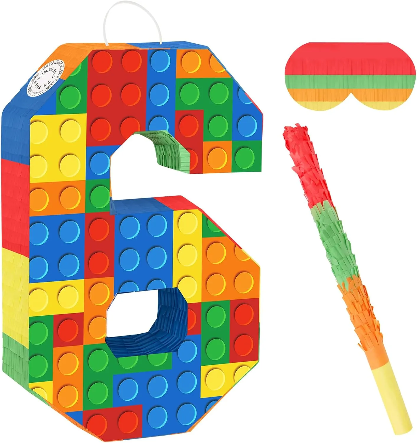 Number Building Blocks Decor for Pinata Birthday Party Supplies, Girls Boys Fiesta Carnival Games with Stick & Blindfold (Number 6)