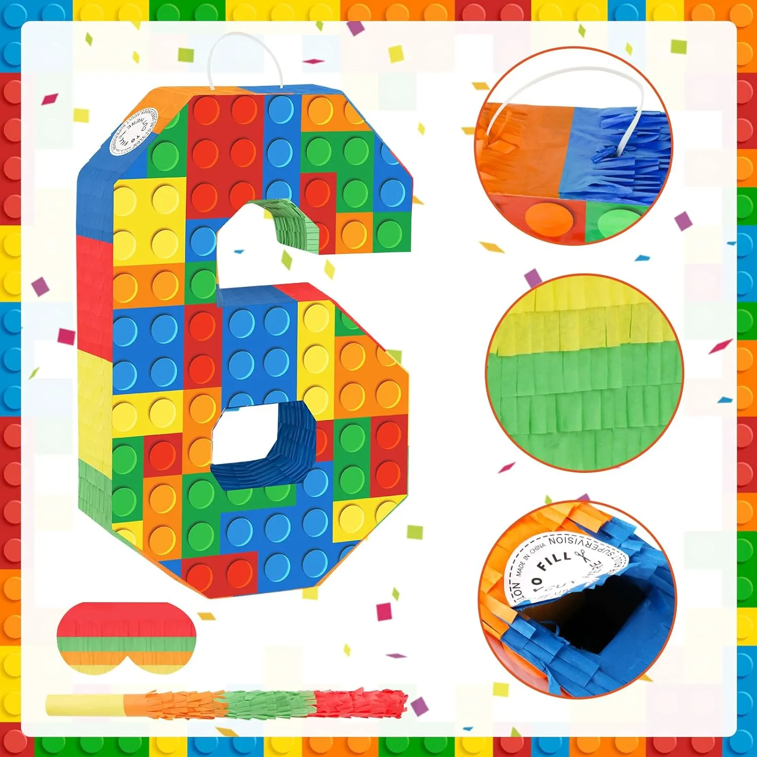 Number Building Blocks Decor for Pinata Birthday Party Supplies, Girls Boys Fiesta Carnival Games with Stick & Blindfold (Number 6)