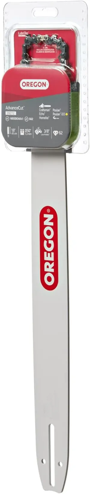 Oregon Chainsaw Guide Bar & Chain Combo, AdvanceCut Replacement for Saw Chains, Bar Length 18" (45cm), with Low Kickback Chain Set, 3/8" Pitch, 0.050" Gauge, 62 Drive Links (39272)