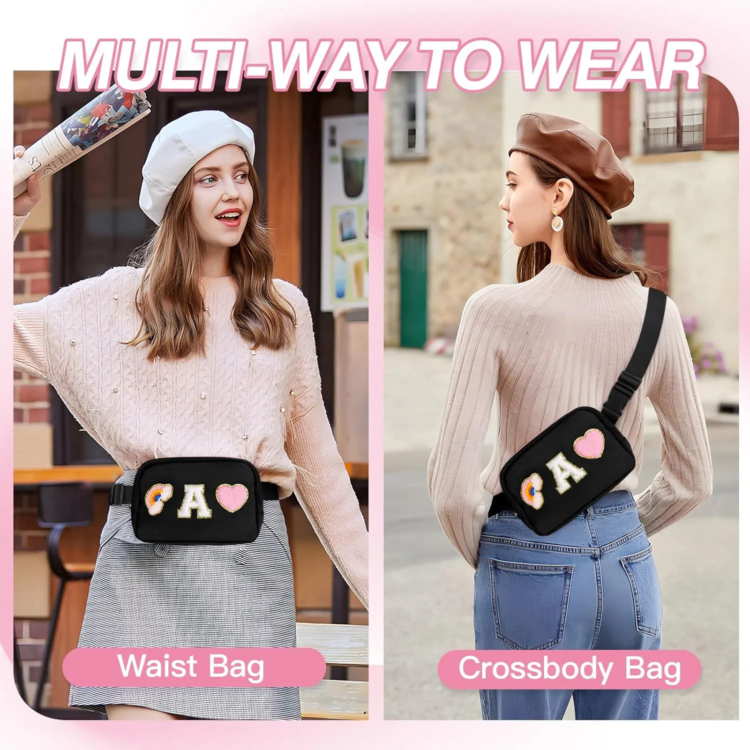 Personalized Belt Bag with Keychain, Fanny Pack for Girls Women, Initial Birthday Gifts for Teen Girls Mom Crossbody Bag Small Waist Packs Travel Essential Preppy Gifts (Black A)