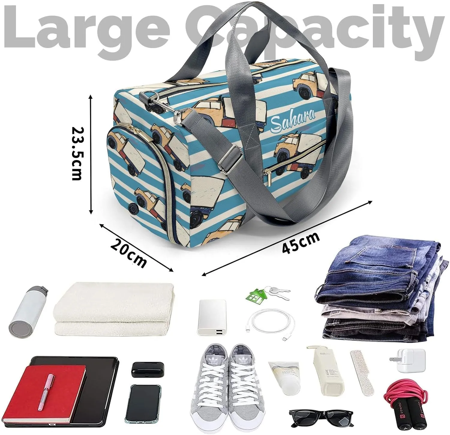 Personalized Blue Stripes Truck Custom Multi-functional Travel Bag, Unisex Portable Duffel Bag, Short Distance Travel Assistant