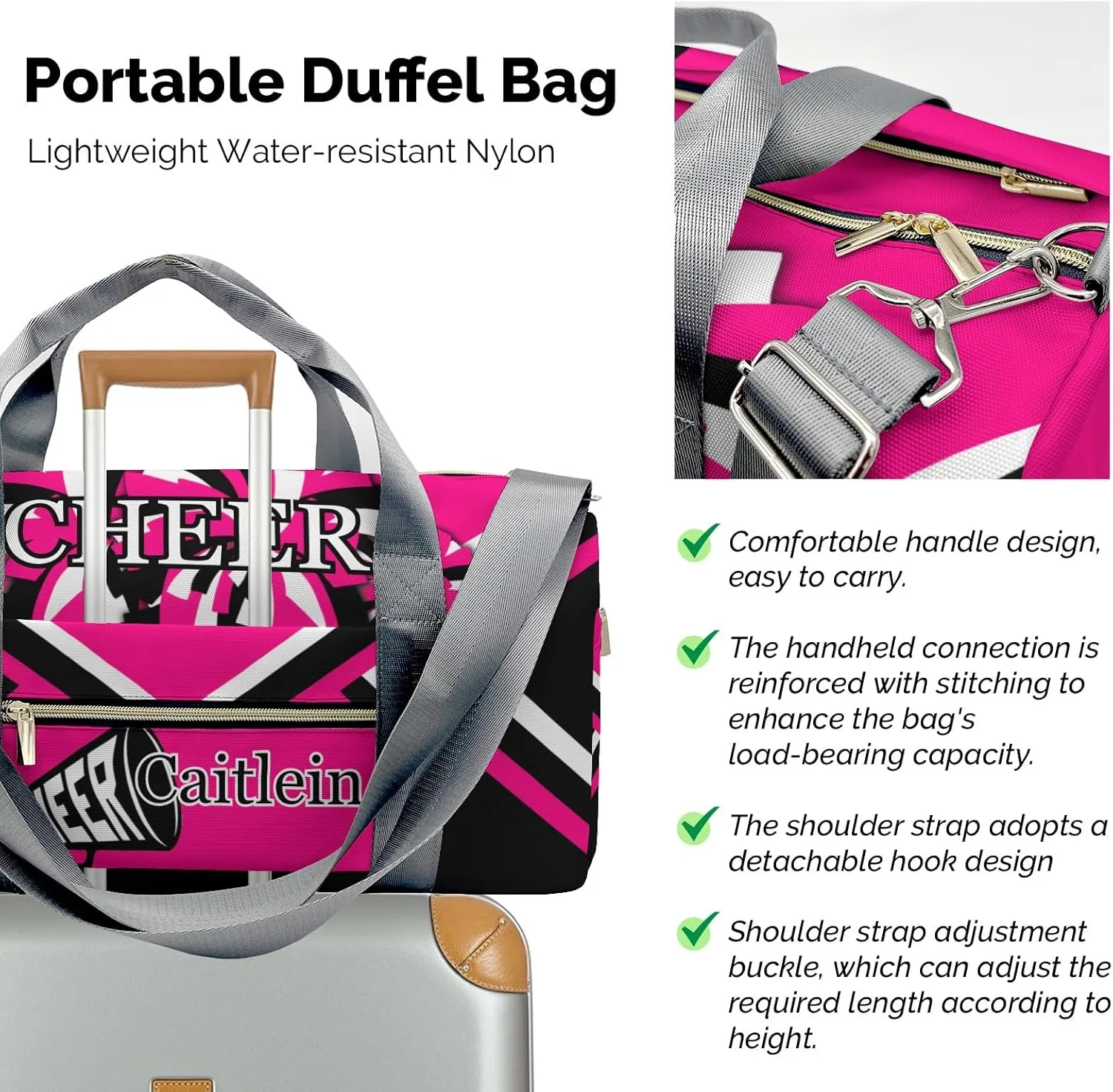 Personalized Cheer Rose Red Custom Multi-functional Travel Bag, Unisex Portable Duffel Bag, Short Distance Travel Assistant