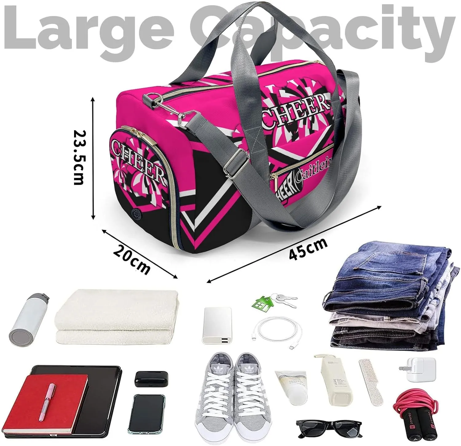 Personalized Cheer Rose Red Custom Multi-functional Travel Bag, Unisex Portable Duffel Bag, Short Distance Travel Assistant