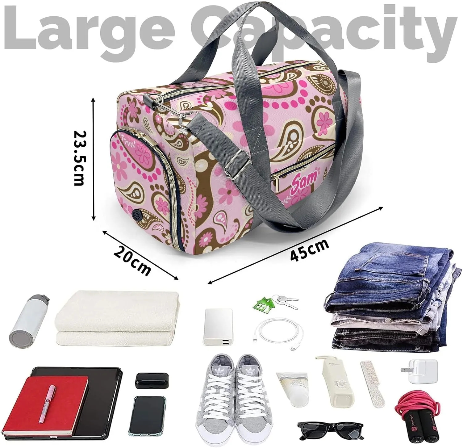 Personalized Cowgirl pink brown paisley flowers Custom Multi-functional Travel Bag, Unisex Portable Duffel Bag, Short Distance Travel Assistant