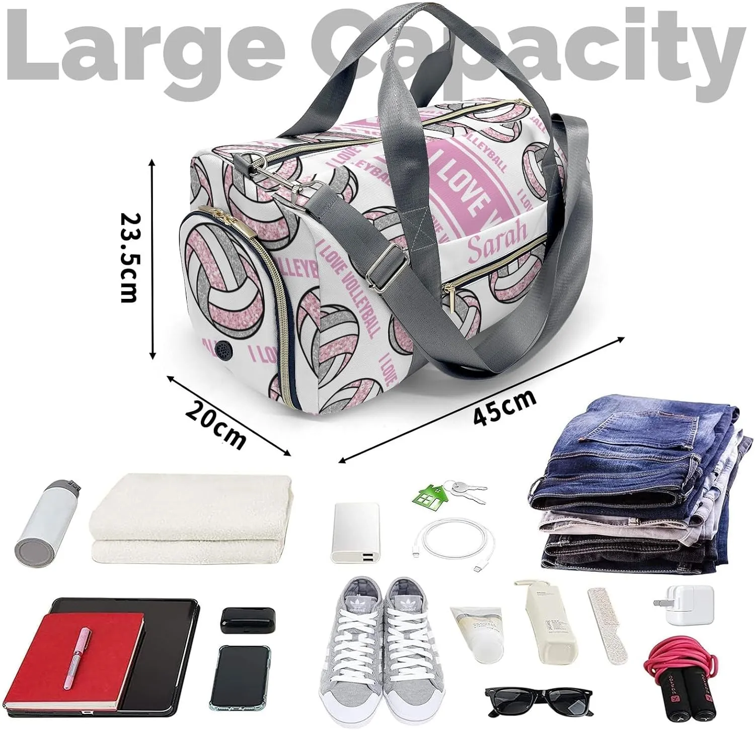 Personalized I Love Volleyball Custom Multi-functional Travel Bag, Unisex Portable Duffel Bag, Short Distance Travel Assistant
