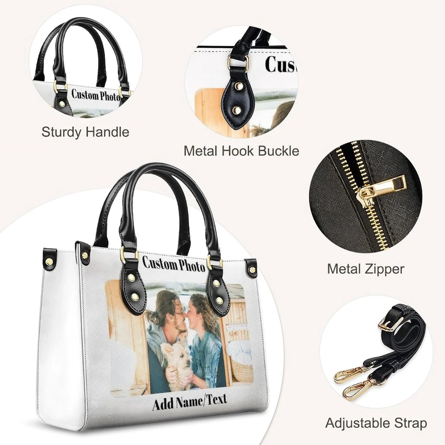 Personalized Purse for Women, Custom Name Photo Handbag Gifts for Her, Casual Tote Bag for Mom Teacher Bridesmaid Sister