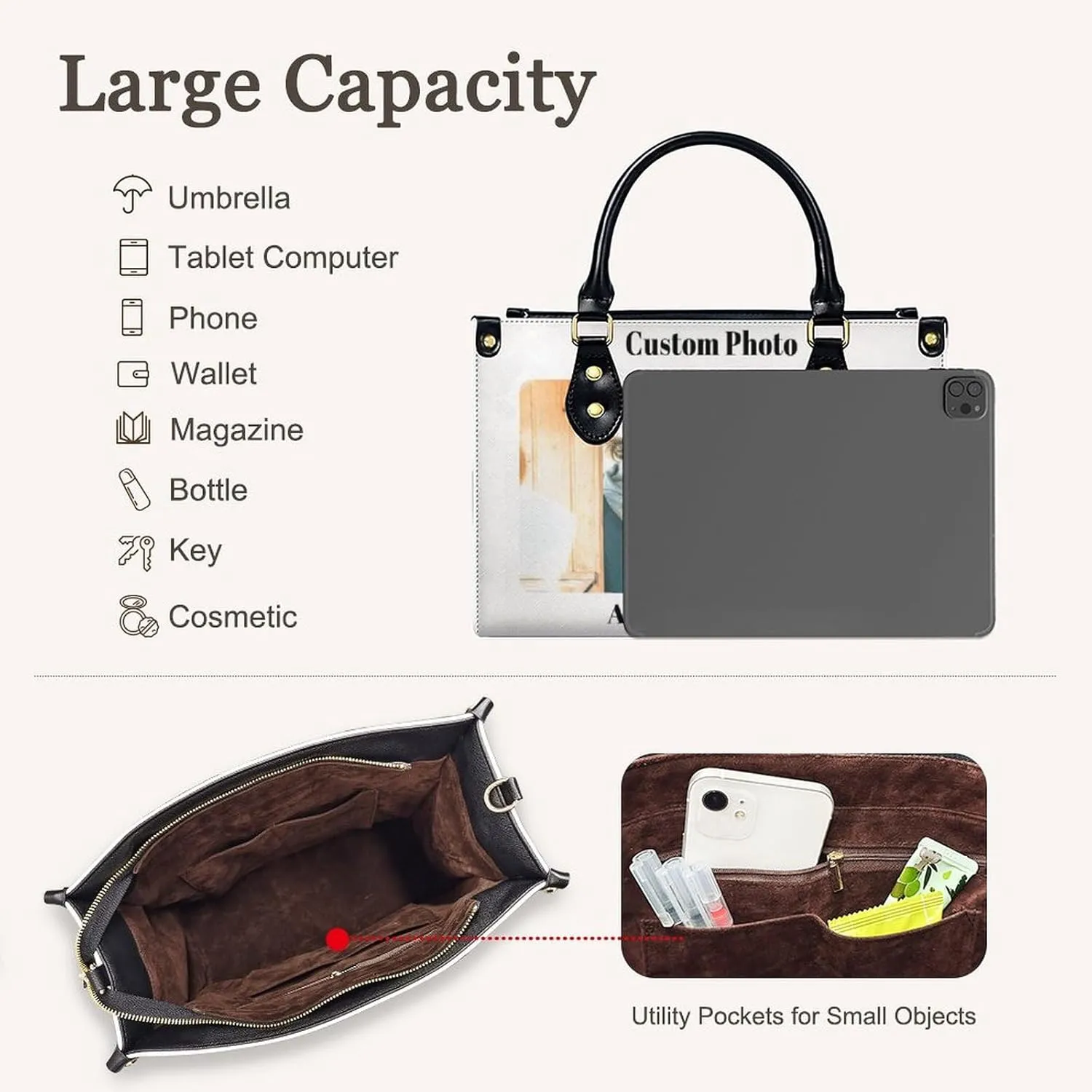 Personalized Purse for Women, Custom Name Photo Handbag Gifts for Her, Casual Tote Bag for Mom Teacher Bridesmaid Sister