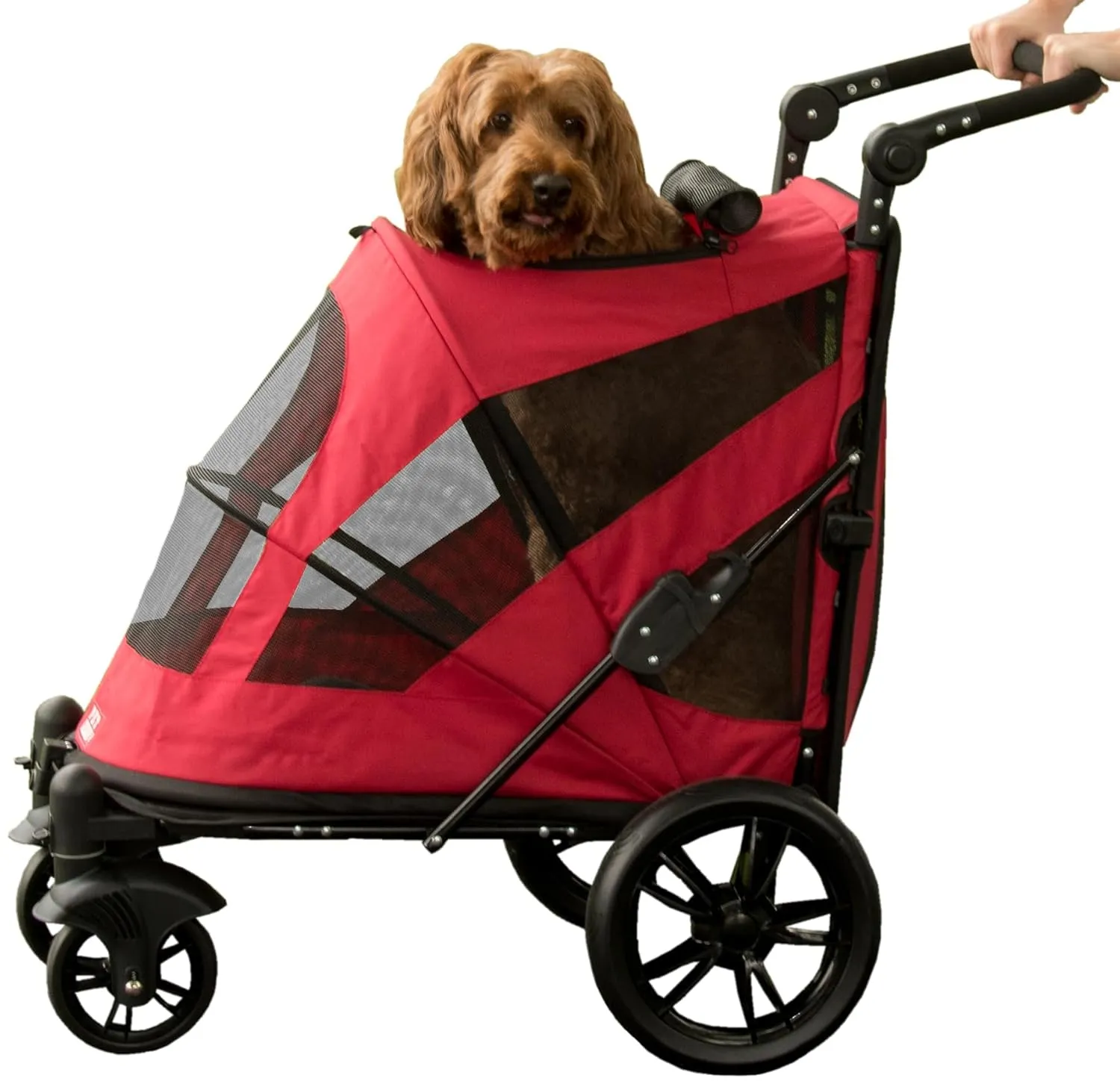 Pet Gear NO-Zip Pet Stroller with Dual Entry, Push Button Zipperless Entry for Single or Multiple Dogs/Cats, Pet Can Easily Walk in/Out, No Need to Lift Pet, Gel-Filled Tires, Cherry