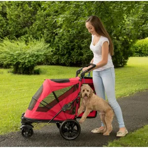 Pet Gear NO-Zip Pet Stroller with Dual Entry, Push Button Zipperless Entry for Single or Multiple Dogs/Cats, Pet Can Easily Walk in/Out, No Need to Lift Pet, Gel-Filled Tires, Cherry