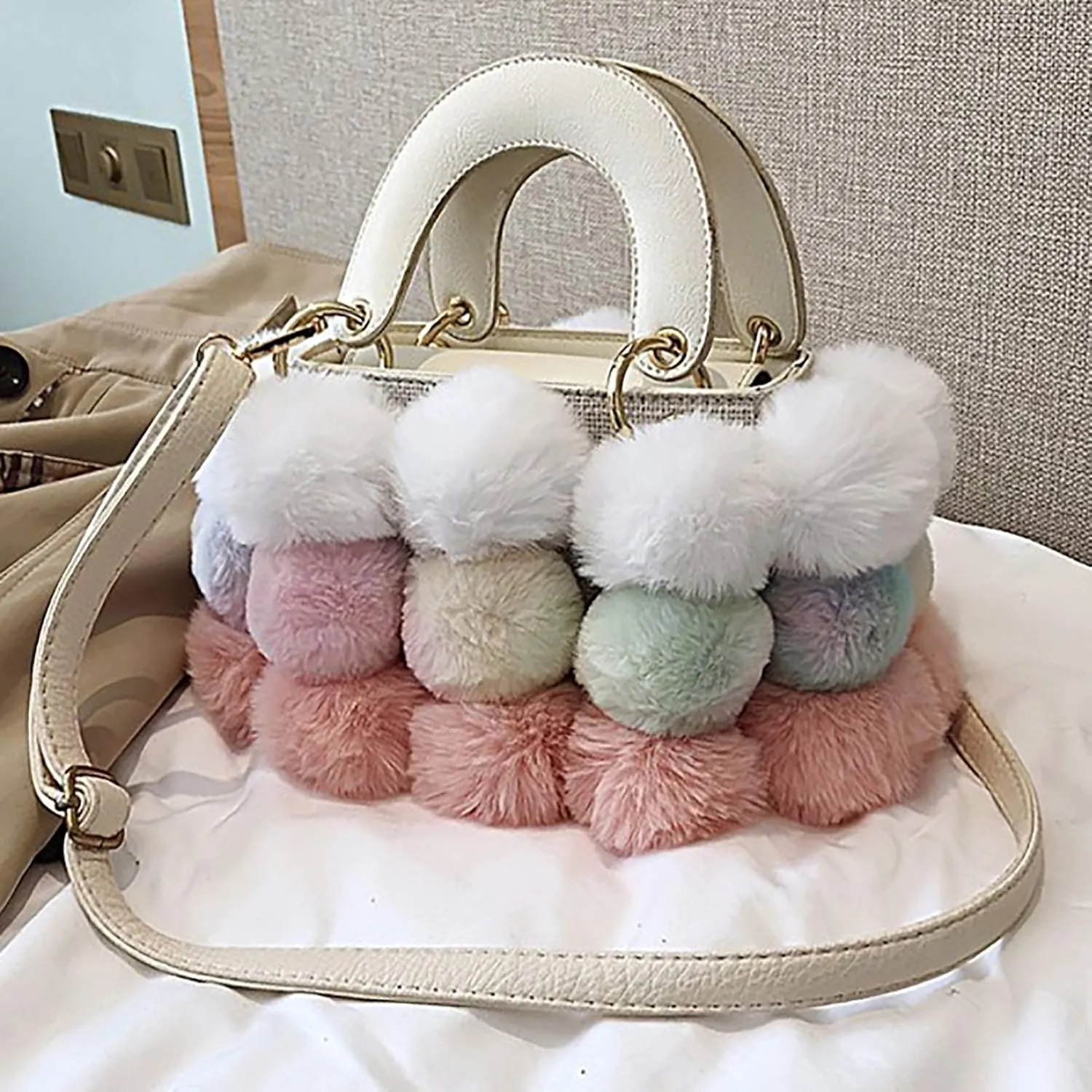 Plush Bucket Handbag Faux Fur Drawstring Fluffy Crossbody Bag Handle Shoulder Tote Bag