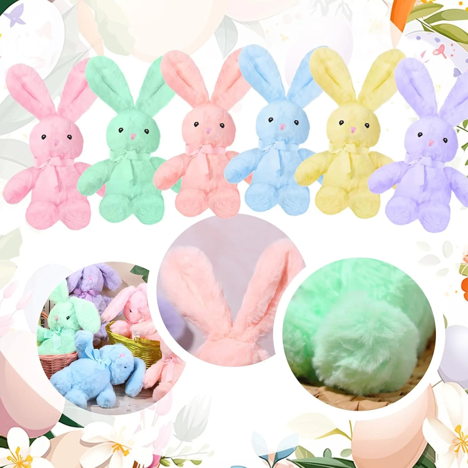 Plush Stuffed Animals cute 9.84'' Cuddly Toys Soft Plushies with Bowtie Macaron Color for Party Basket Stuffers Mother's Day Birthday Weeding Baby Shower Gifts(6 Pcs,Bunny)