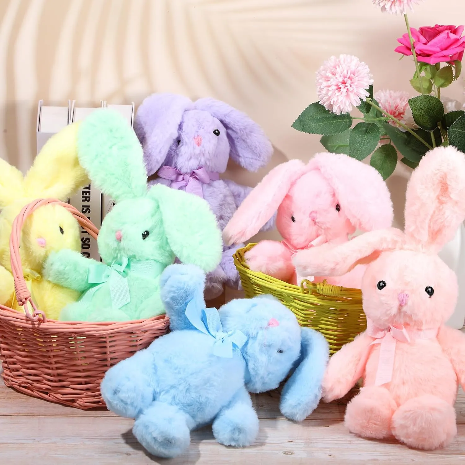 Plush Stuffed Animals cute 9.84'' Cuddly Toys Soft Plushies with Bowtie Macaron Color for Party Basket Stuffers Mother's Day Birthday Weeding Baby Shower Gifts(6 Pcs,Bunny)