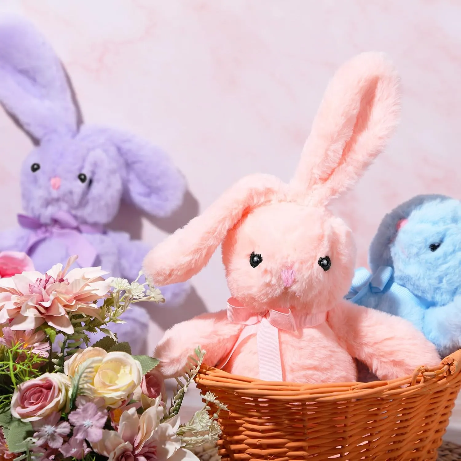 Plush Stuffed Animals cute 9.84'' Cuddly Toys Soft Plushies with Bowtie Macaron Color for Party Basket Stuffers Mother's Day Birthday Weeding Baby Shower Gifts(6 Pcs,Bunny)