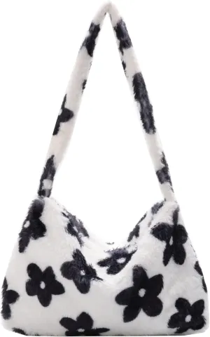 Plush Zabra Printed Tote Bag Y2K Fuzzy Fluffy Shoulder Bag Plush Aesthetic Purse Underarm Bag for Autumn Winter