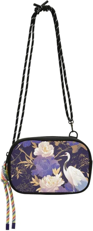 Purple Cranes Flowers White Sling Purse Crossbody Men Trendy with Credit Card Slots Cell Phone Bag Walk dog carteras elegantes para mujer