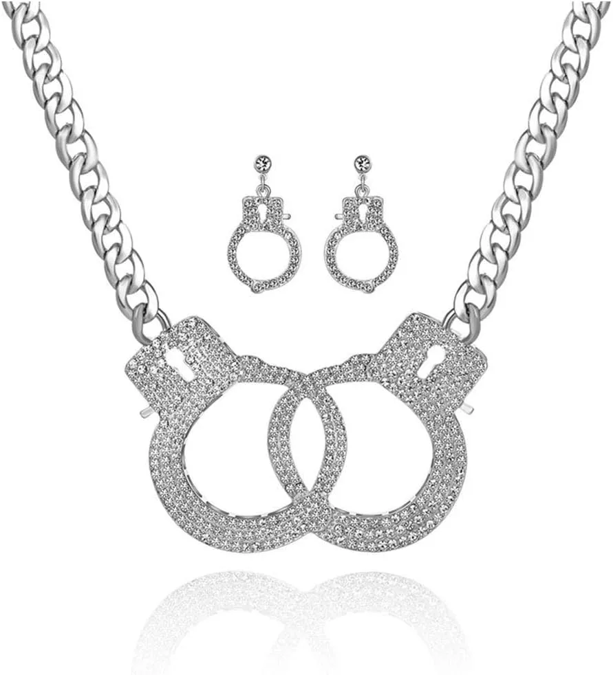 Qiji Women's Georgous Statement Rhinestone Handcuff Jewelry Set - Punk Rock Crystal Handcuff Necklace, Stud Earrings & Dangle Earrings for Night Club & Costume Party