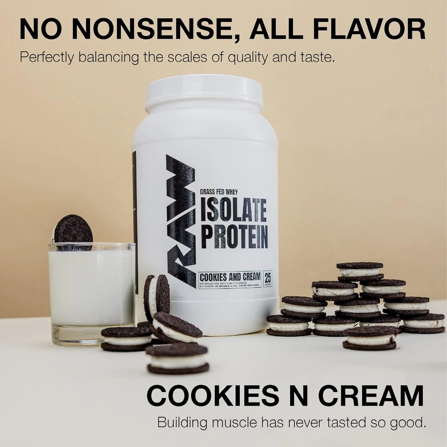 RAW Whey Isolate Protein Powder, Cookies N Cream - 100% Grass-Fed Sports Nutrition Protein Powder for Muscle Growth & Recovery - Low-Fat, Low Carb, Naturally Flavored & Sweetened - 25 Servings