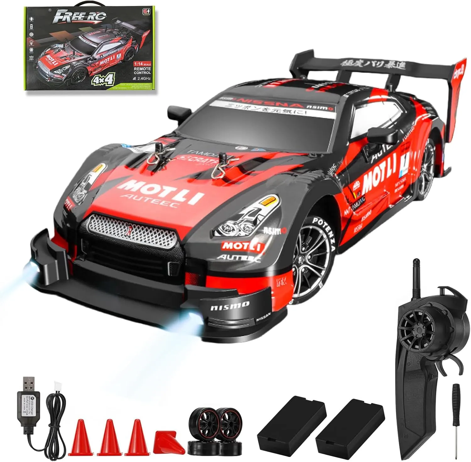 RC Drift Car, 1:14 Scale GTR Model, 4WD 28KM/H High Speed Remote Control Racing, 2.4GHz Electric Sport Drifting Car with LED Lights Speed ​​Adjustment Gifts for 6  Kids and Adults