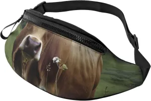 Real Swiss Cow Brown Printed Bumbag Waist Bag for Men Women Adjustable Belt Fanny Pack with Headphone Hole for Travel,Hiking,Sport,Cycling, Black, One Size, Hiking Backpack