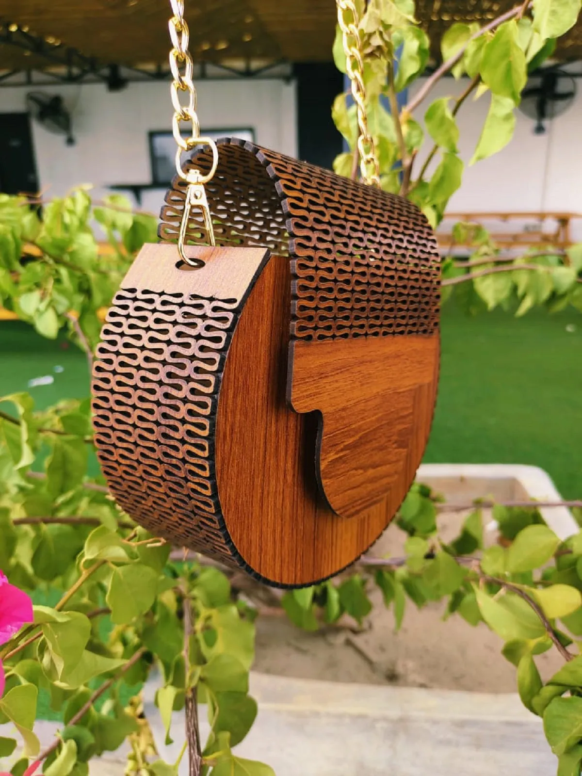 Reddish Curved Wooden Cross body Bag