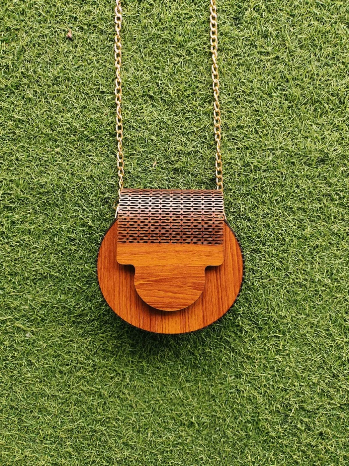 Reddish Curved Wooden Cross body Bag