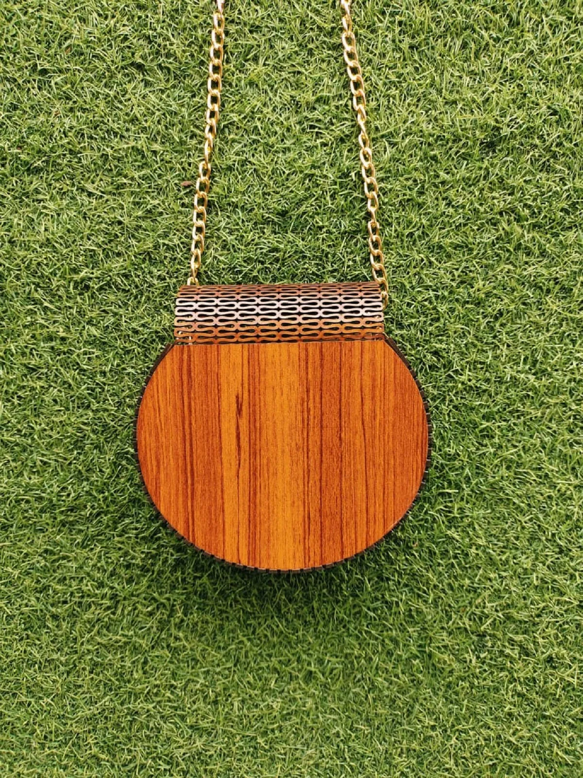 Reddish Curved Wooden Cross body Bag