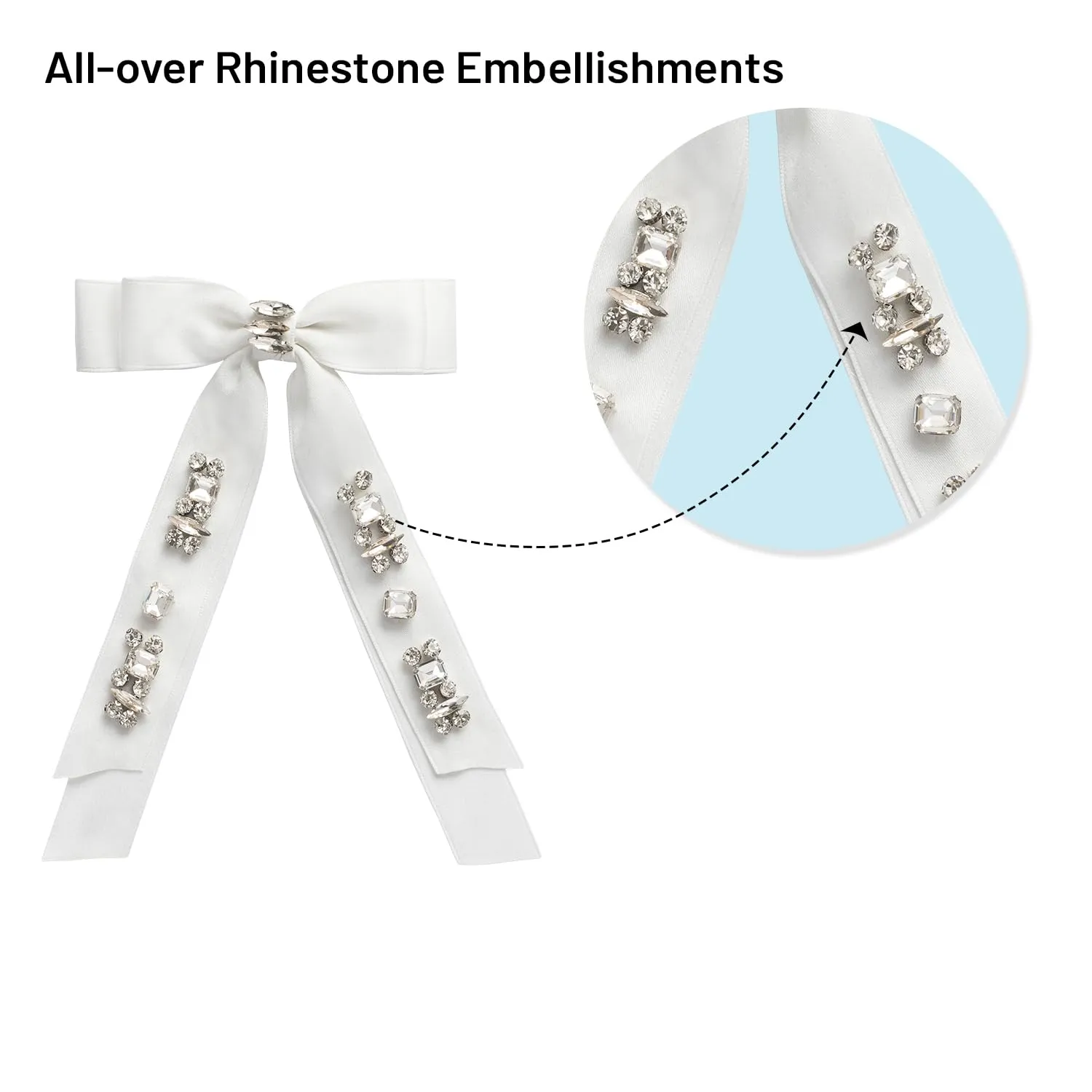 Rock Candy Rhinestone Embellished Satin Bow Clip | Hair Clip | Hair Accessory for Girls for Any Occasion (White)