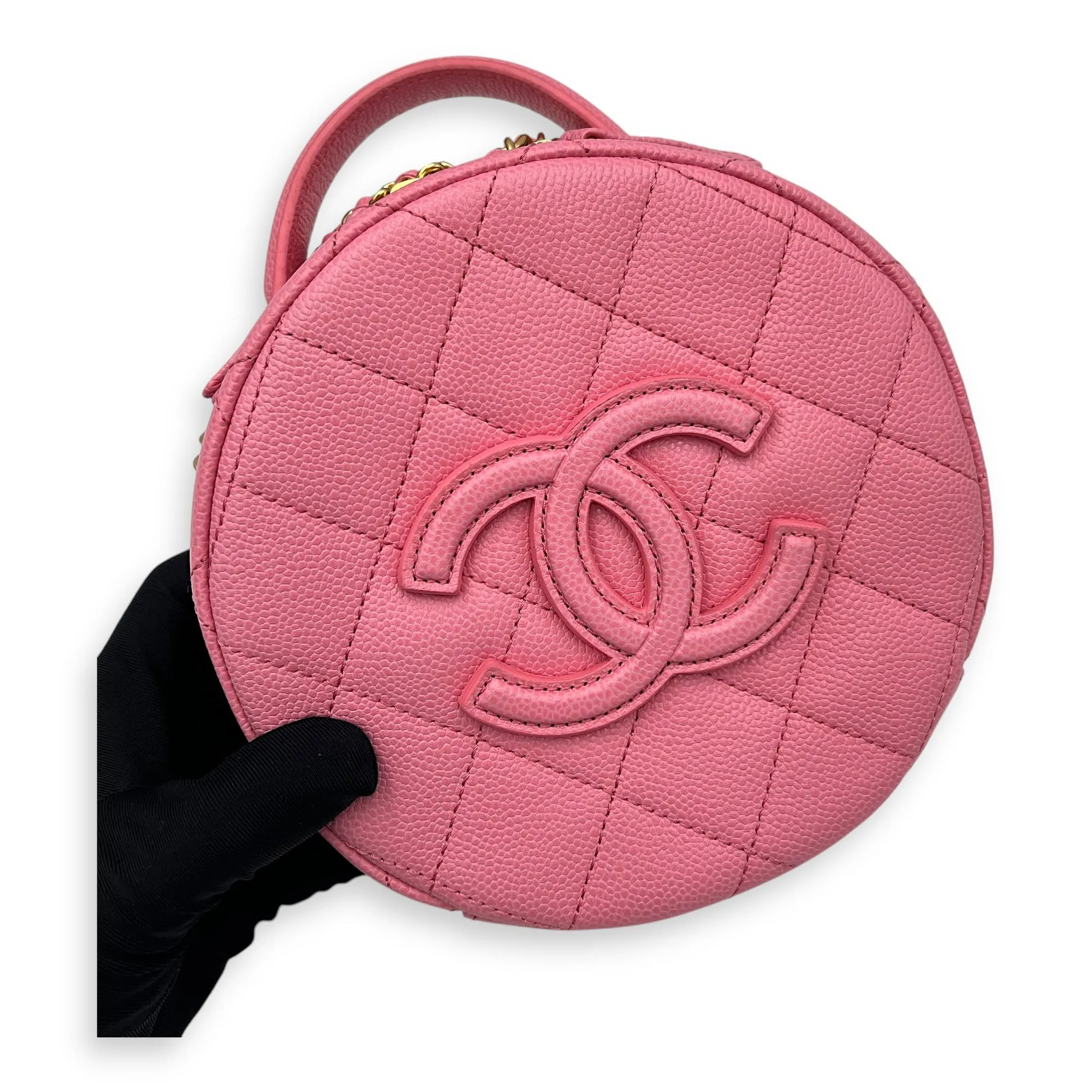 Round Crossbody Bag Pink in Caviar Leather, Gold hardware