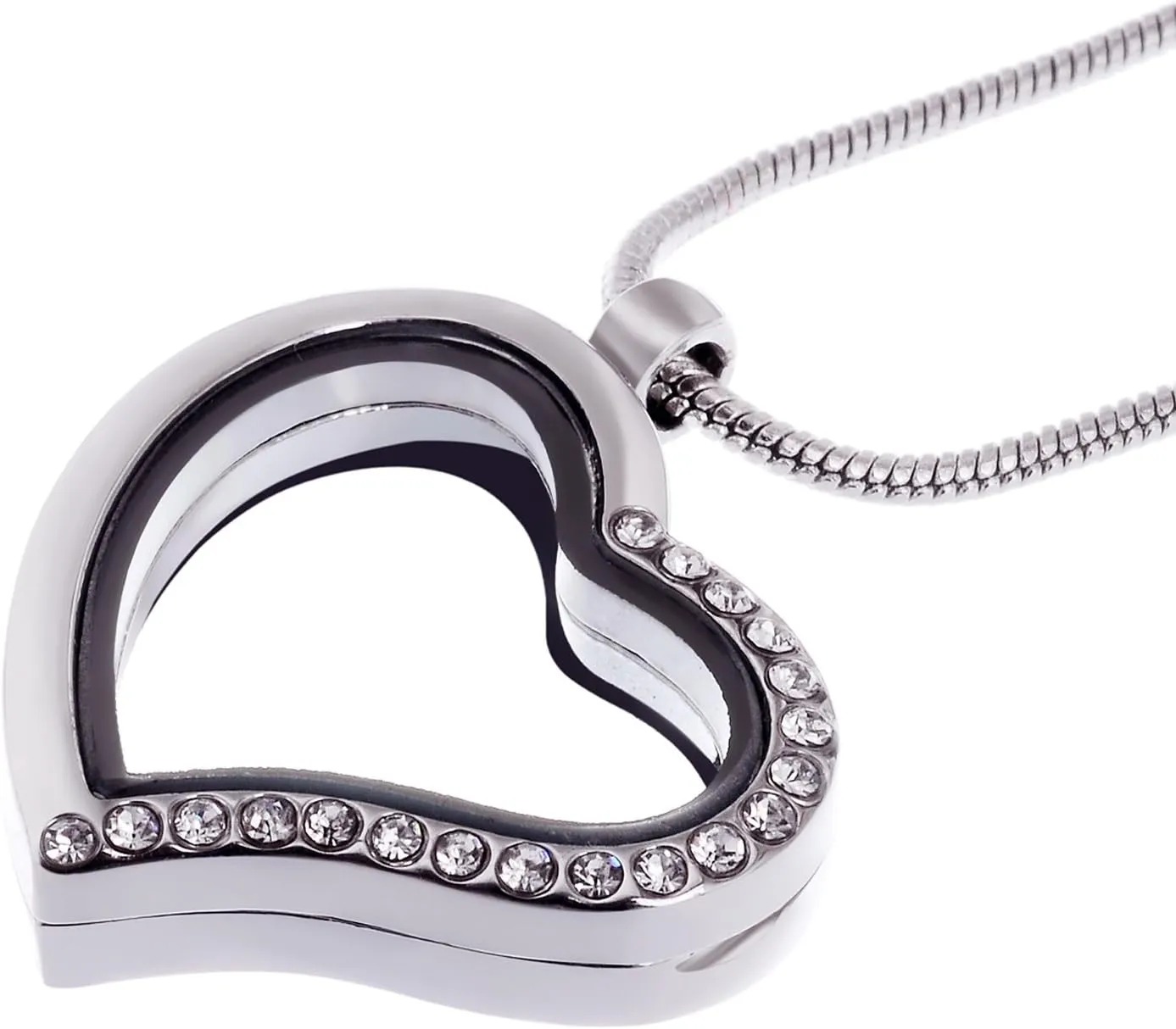RUBYCA Living Memory Heart Locket Snake Chain Necklace Crystal Floating Charm DIY Silver Tone 10Pcs