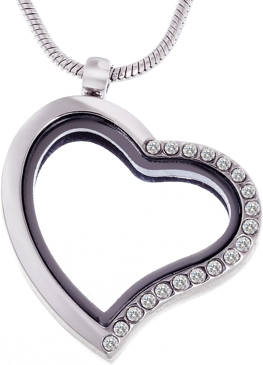 RUBYCA Living Memory Heart Locket Snake Chain Necklace Crystal Floating Charm DIY Silver Tone 10Pcs