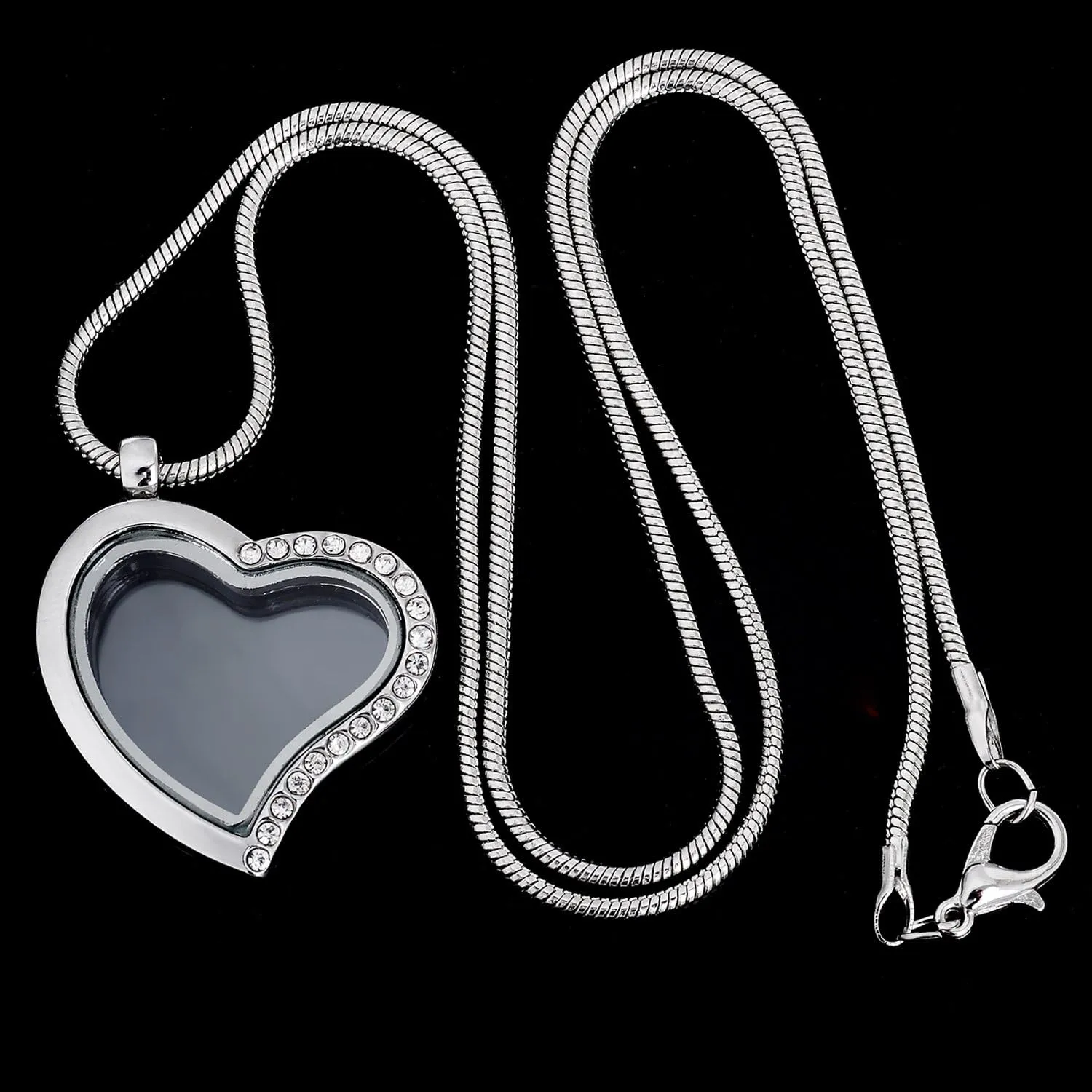 RUBYCA Living Memory Heart Locket Snake Chain Necklace Crystal Floating Charm DIY Silver Tone 10Pcs