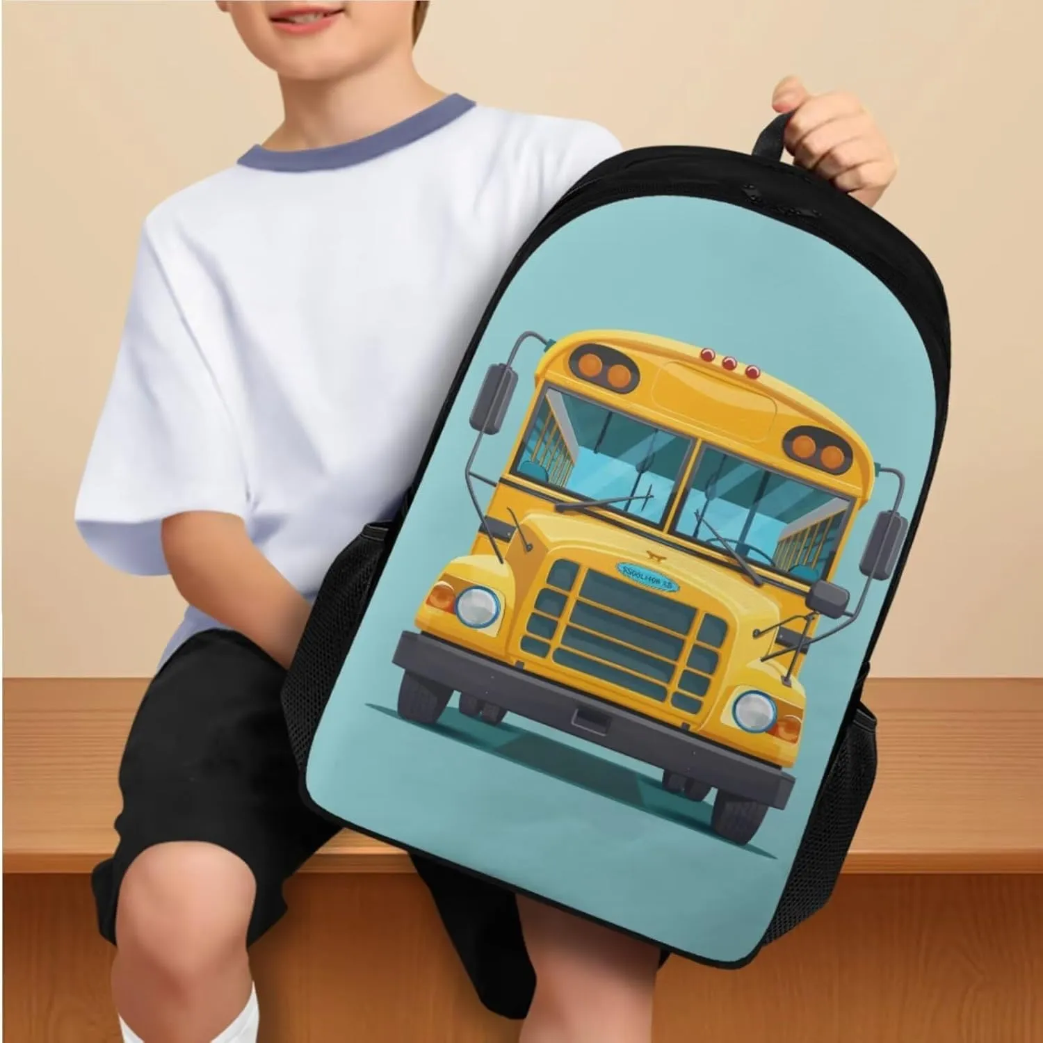 School Bus Print 3Pc Backpack Set for Boys Multi-Functional Adjustable Straps Crossbody School Bag Grease Proofing Recycle Food Bag for Travel Work Office Climbing School
