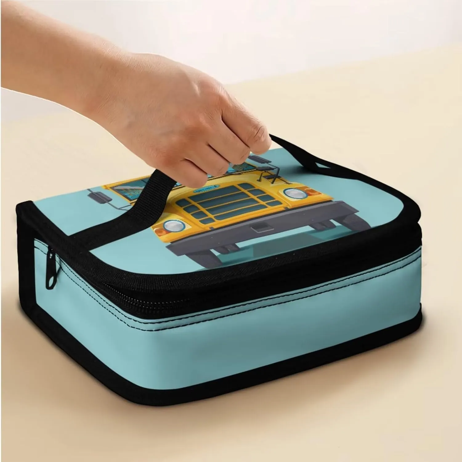 School Bus Print 3Pc Backpack Set for Boys Multi-Functional Adjustable Straps Crossbody School Bag Grease Proofing Recycle Food Bag for Travel Work Office Climbing School