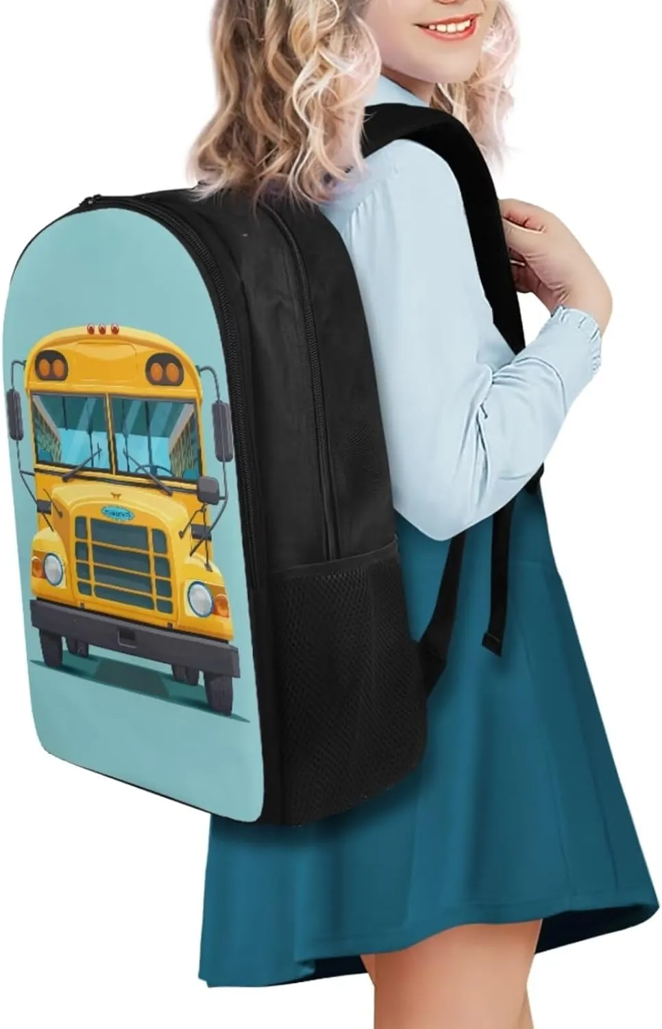 School Bus Print 3Pc Backpack Set for Boys Multi-Functional Adjustable Straps Crossbody School Bag Grease Proofing Recycle Food Bag for Travel Work Office Climbing School