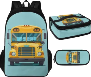 School Bus Print 3Pc Backpack Set for Boys Multi-Functional Adjustable Straps Crossbody School Bag Grease Proofing Recycle Food Bag for Travel Work Office Climbing School