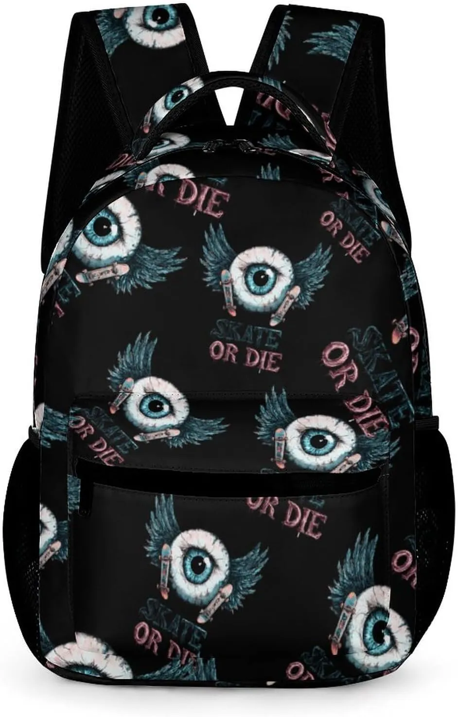 Skate Or Die Eyeball Wings Cute Backpack Travel Work Bag with Water Bottle Pocket Adjustable Padded Shoulder Straps Daypack