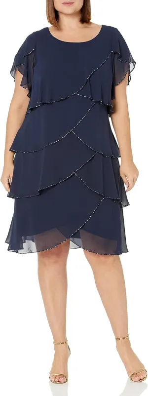 S.L. Fashions Women's Plus Size Capelet Tier Dress with Beaded Detail-Closeout