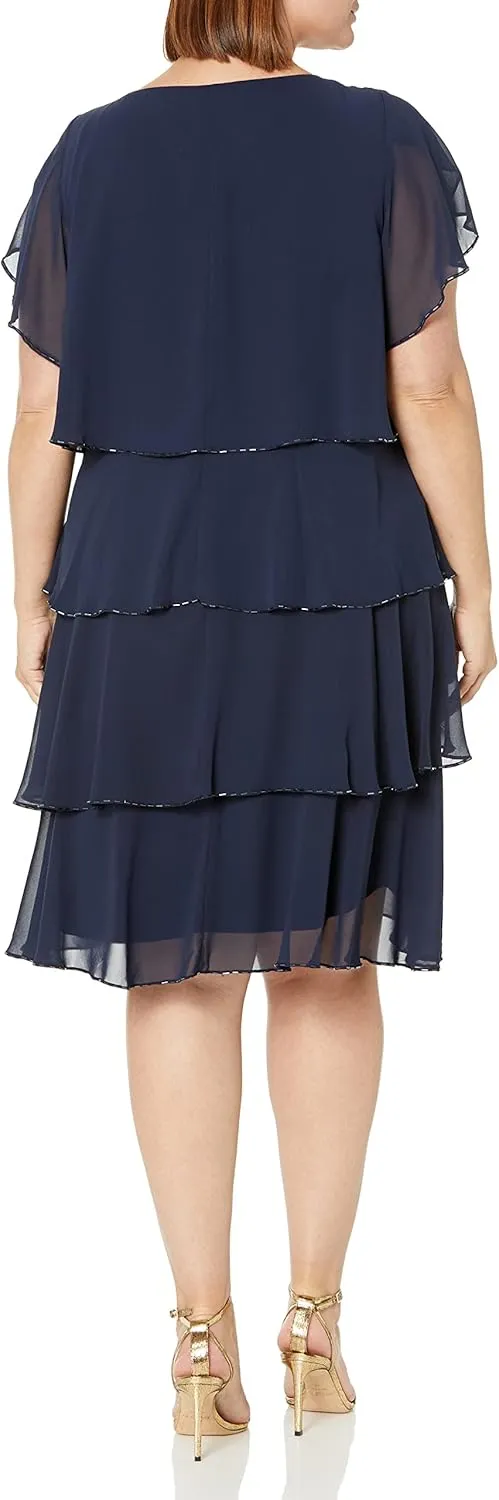 S.L. Fashions Women's Plus Size Capelet Tier Dress with Beaded Detail-Closeout