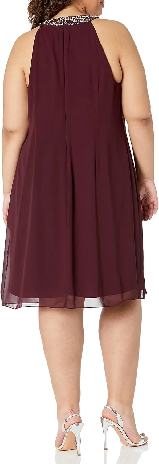 S.L. Fashions Women's Plus Size Jewel Neck Chiffon Halter Dress
