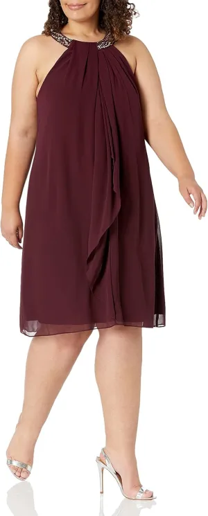 S.L. Fashions Women's Plus Size Jewel Neck Chiffon Halter Dress