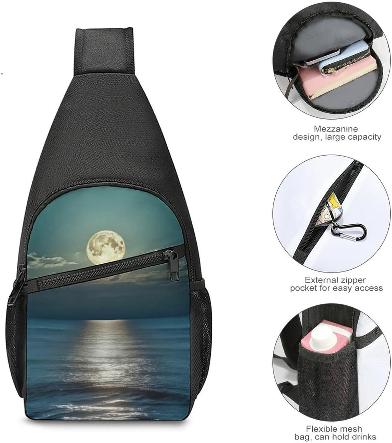Sling Backpack for Women Men Crossbody Chest Bag Travel Bright Moon at Sea Hippie Daypack Shoulder Bag for Hiking