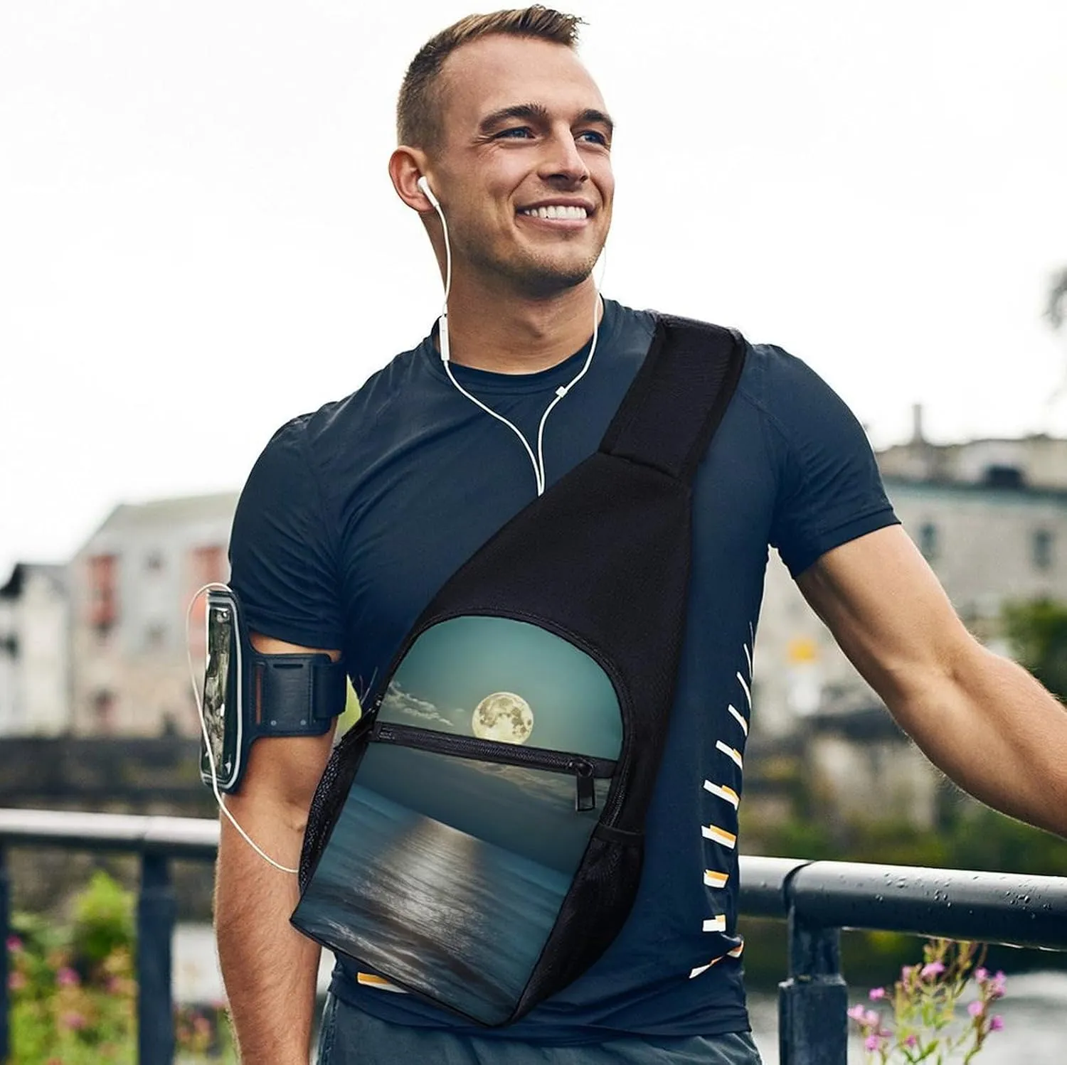 Sling Backpack for Women Men Crossbody Chest Bag Travel Bright Moon at Sea Hippie Daypack Shoulder Bag for Hiking