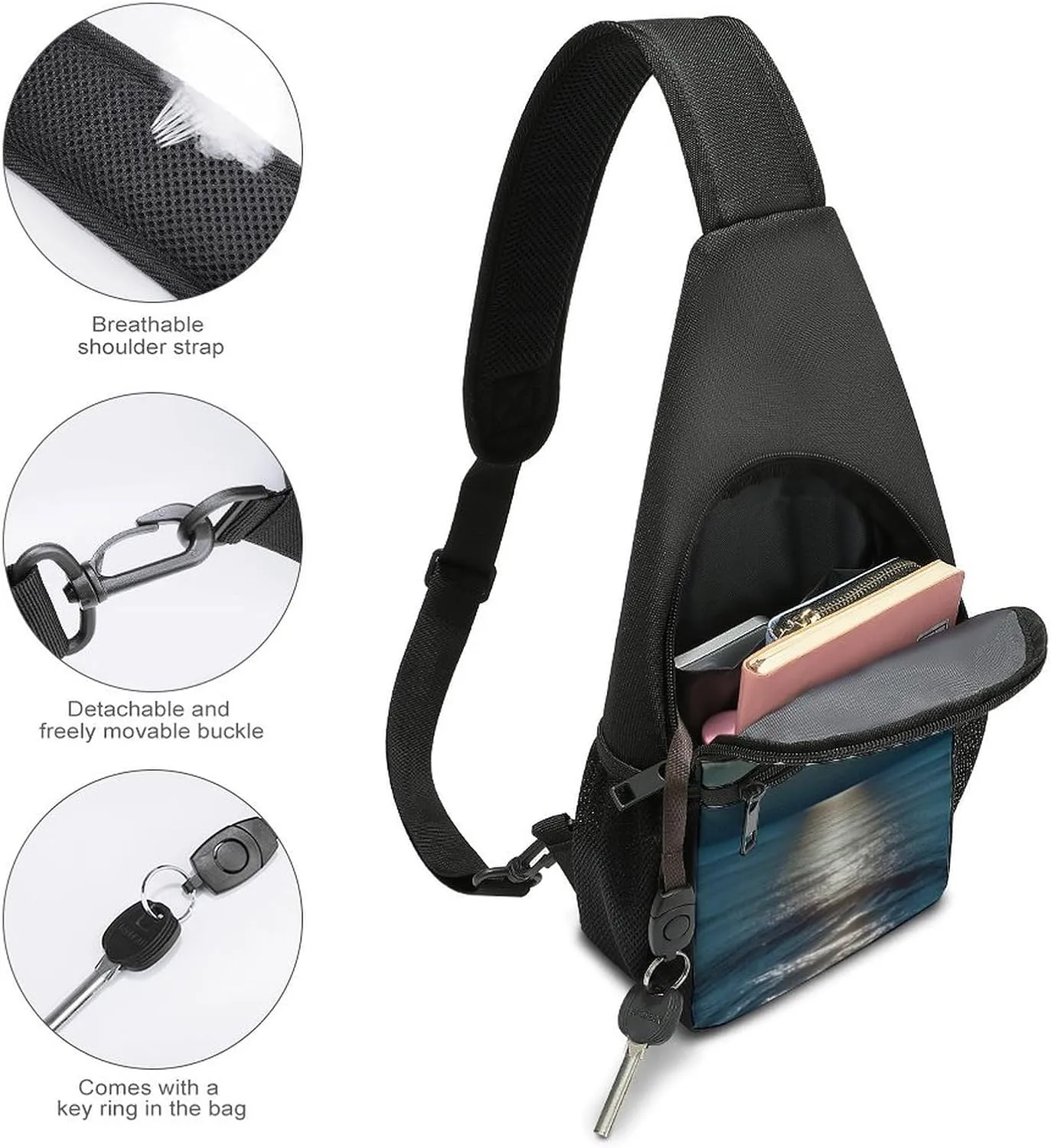 Sling Backpack for Women Men Crossbody Chest Bag Travel Bright Moon at Sea Hippie Daypack Shoulder Bag for Hiking