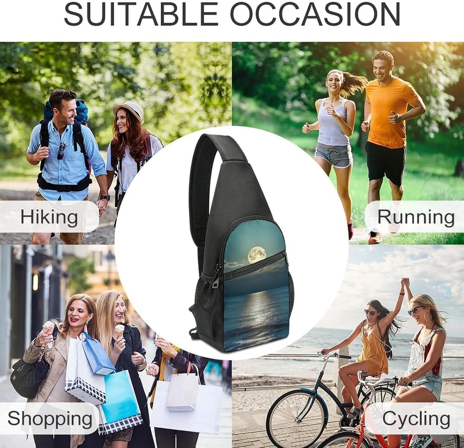 Sling Backpack for Women Men Crossbody Chest Bag Travel Bright Moon at Sea Hippie Daypack Shoulder Bag for Hiking
