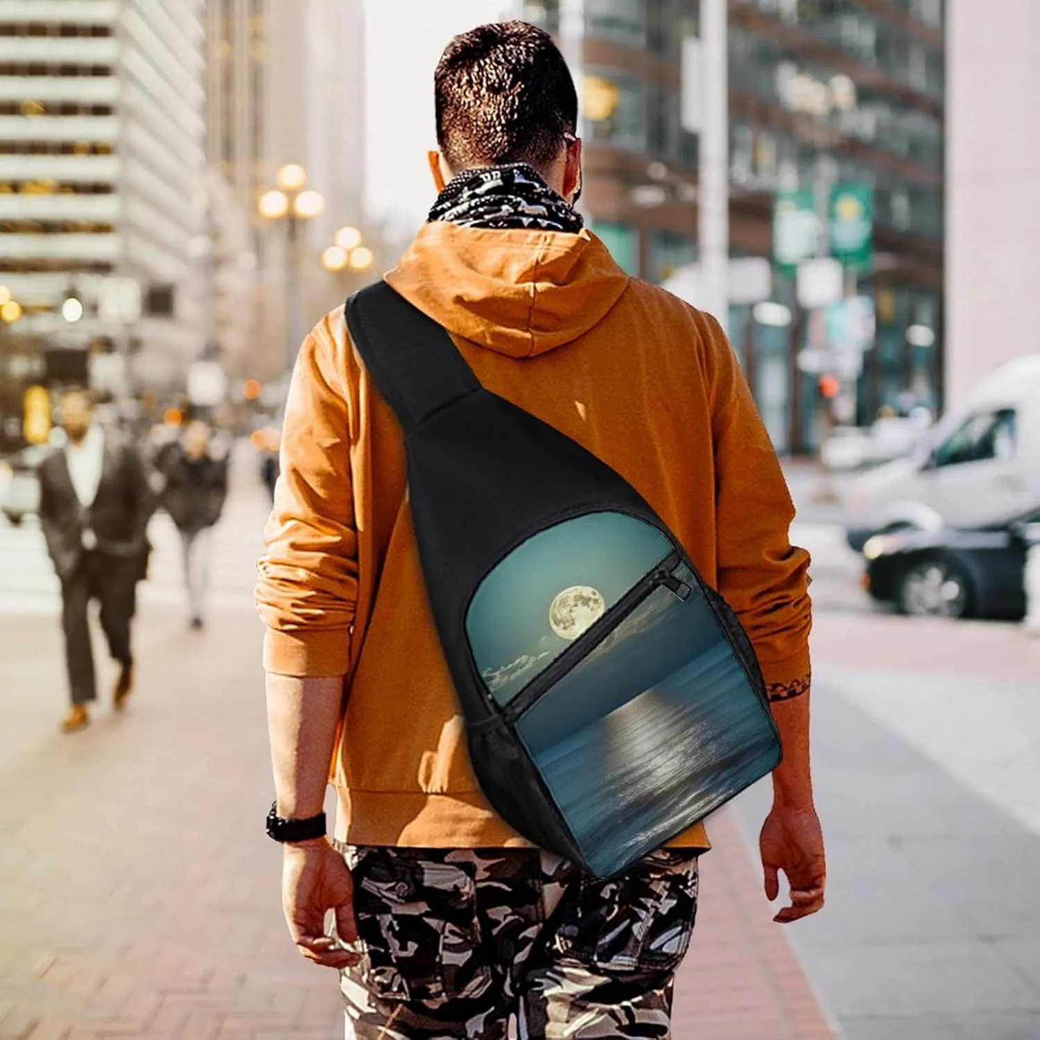 Sling Backpack for Women Men Crossbody Chest Bag Travel Bright Moon at Sea Hippie Daypack Shoulder Bag for Hiking